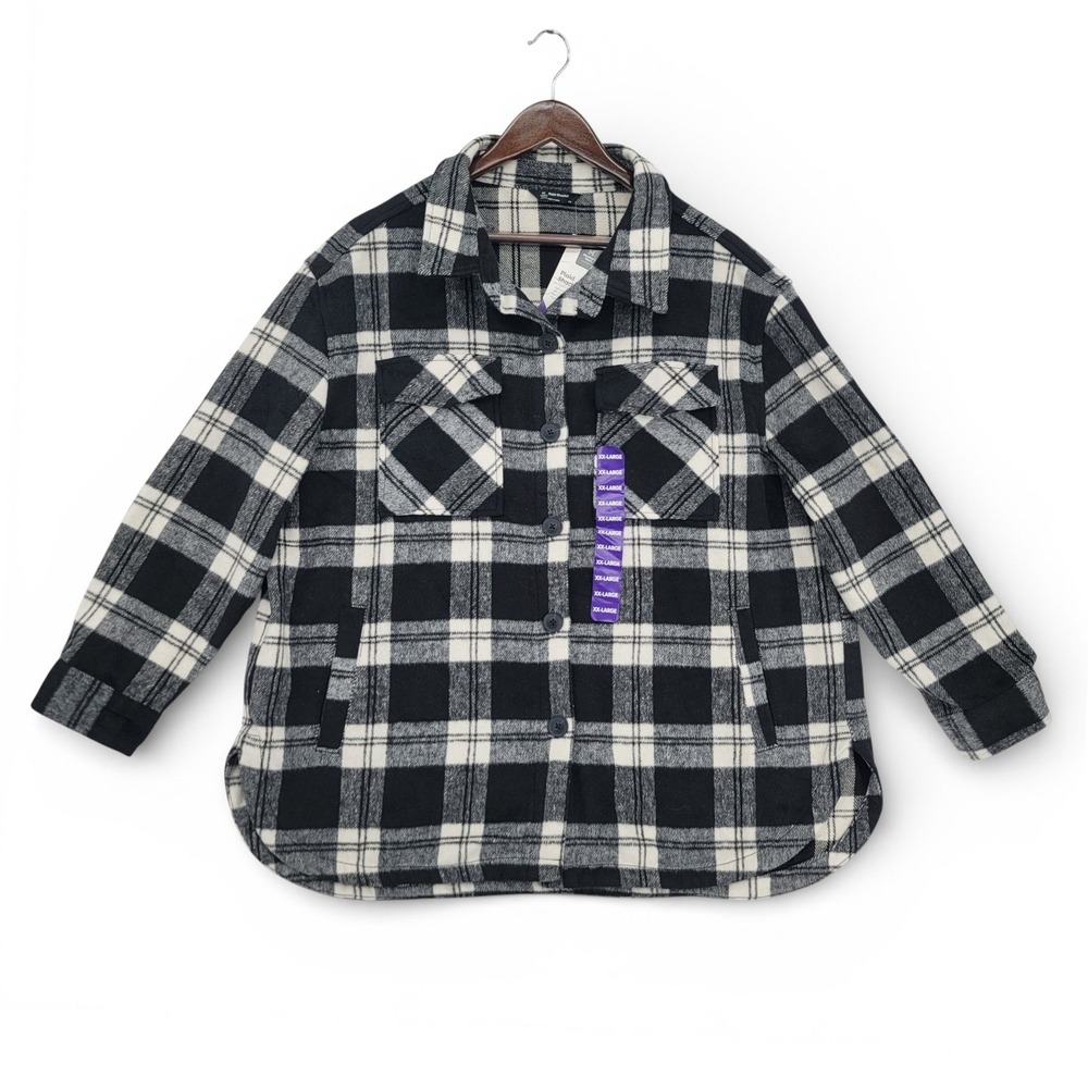 Members Mark Womens XXL Plaid Shacket Polyester Blend Black White‎ Cozy